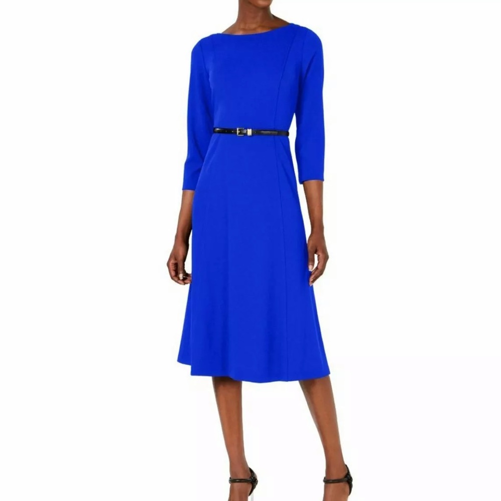 Calvin Klein Blue Belted Seamed Midi A-line Dress